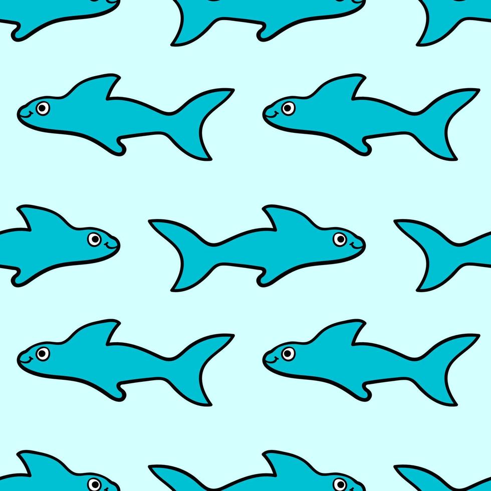 seamless mönster med tecknad doodle glad haj. havet bakgrund. vektor