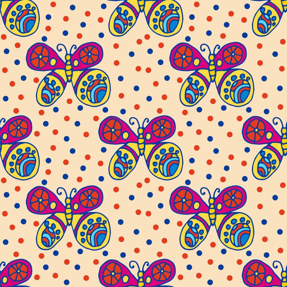 sich wiederholendes Muster mit handgezeichneten bunten Schmetterlingen und kleinen Kreisen im Kinderstil auf Grün. nahtloser festlicher abstrakter hintergrund, unendlichkeitsgeschenkpapier. vektor