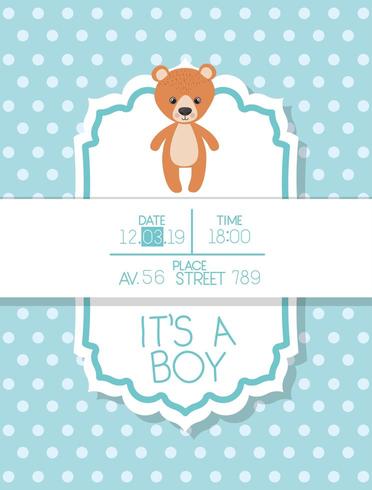 Es ist ein Junge Baby-Dusche-Karte mit Teddybär vektor