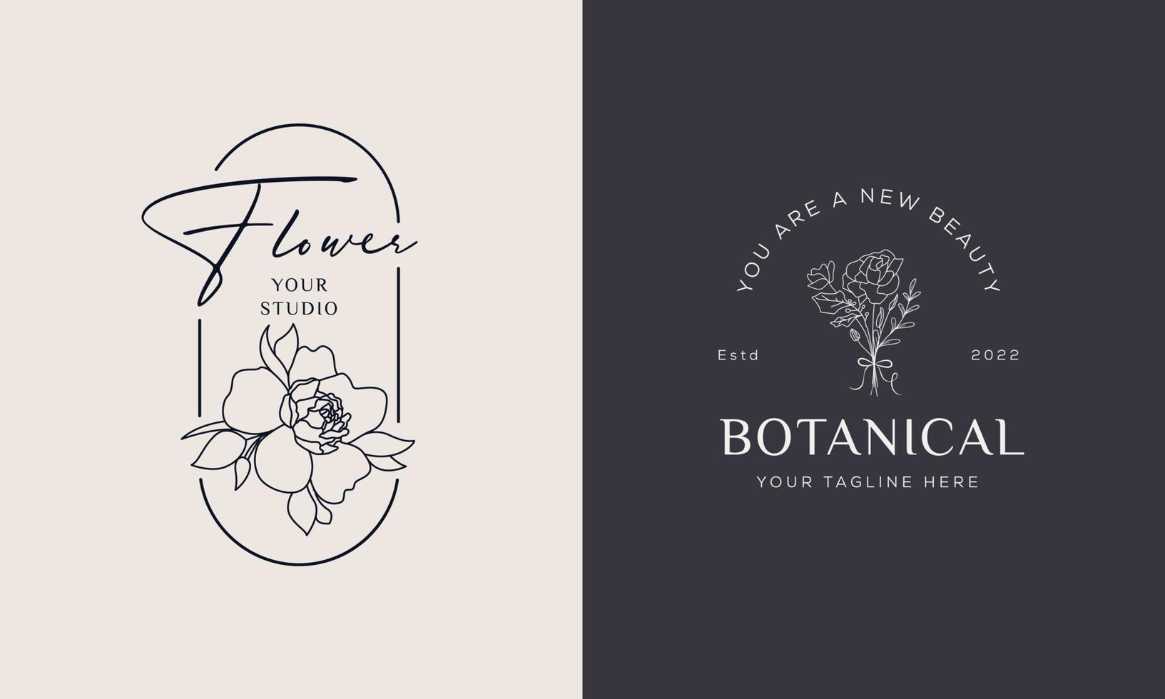 uppsättning av botaniska blommiga element handritad logotyp med vilda blommor och blad. logotyp för spa och skönhetssalong, boutique, ekologisk butik, bröllop, blomsterdesigner, interiör, fotografi, kosmetika vektor
