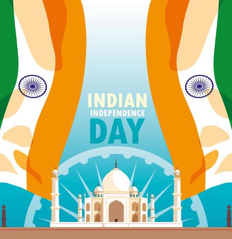 indisk självständighetsdag affisch med flagga och Taj Majal moské vektor