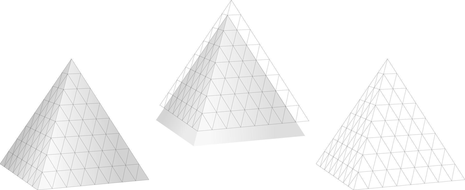 geometrisches Gitter 3D-Pyramide. graues Dreieck mit kreativer polygonaler Vektorstruktur des einfarbigen mathematischen digitalen Netzwerkmaßwerks vektor