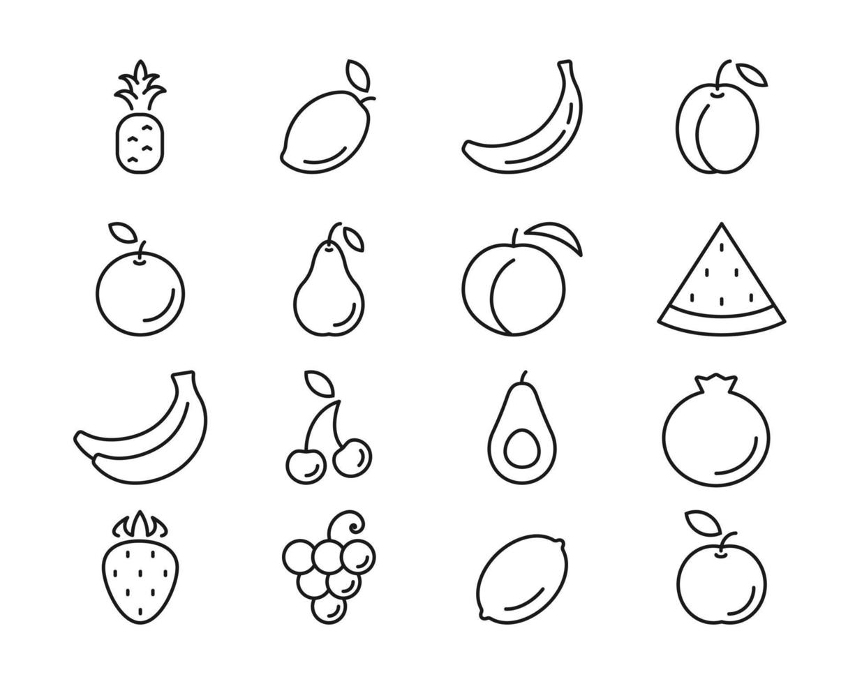 svarta frukter linjekonst ikoner. mogna bananer med päron och tropisk mango. färska druvor med söta jordgubbar och aptitretande vektor persika