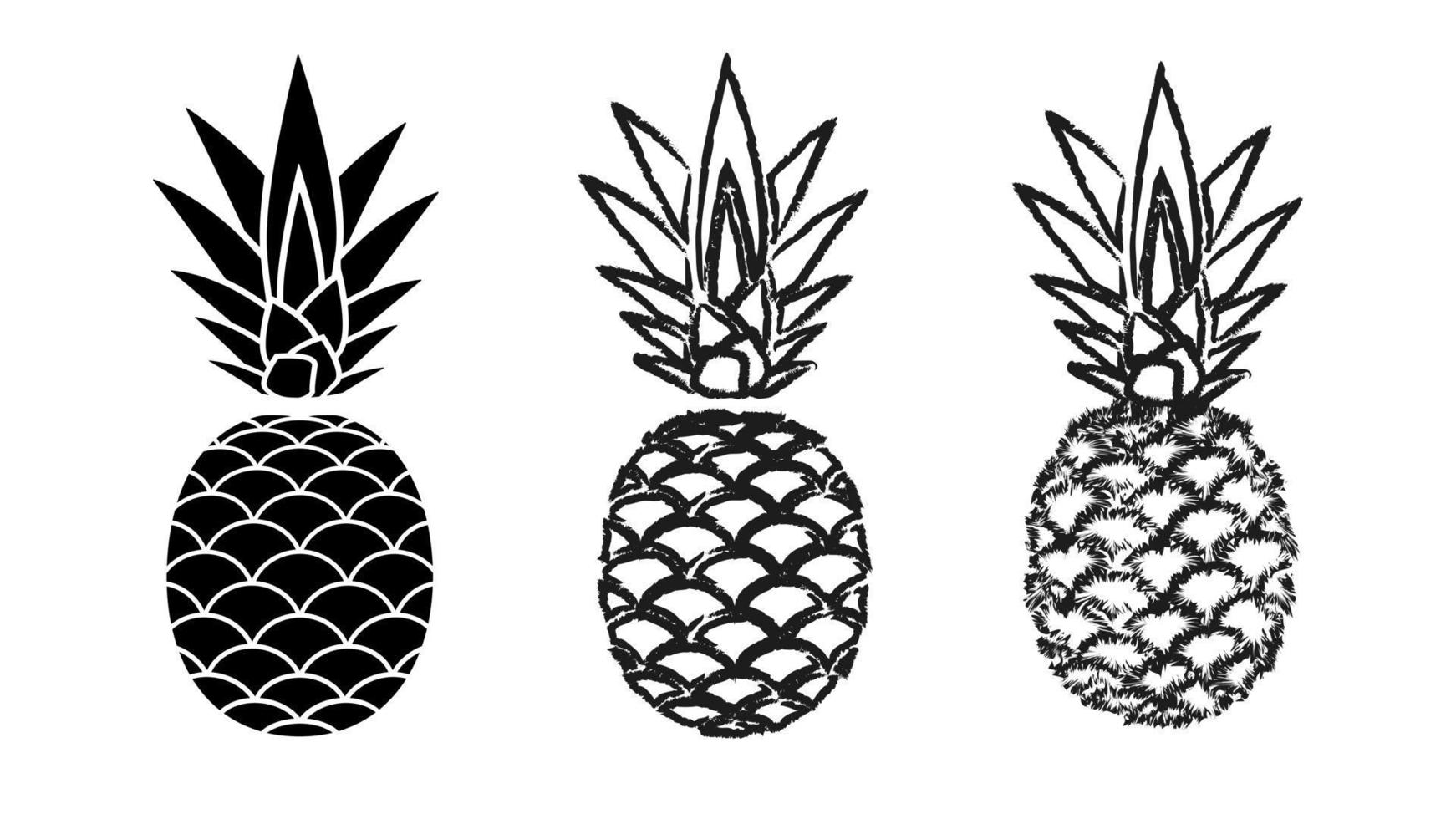 ananas sorter ikoner. svarta frukter med raggiga fjäll och toppar ekologiska vitaminer exotisk mat och hälsosam vektorjuice vektor