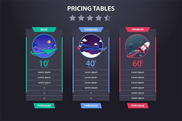 Prissättning Tabell 3 Mörk konceptdesign för olika planvektor vektor