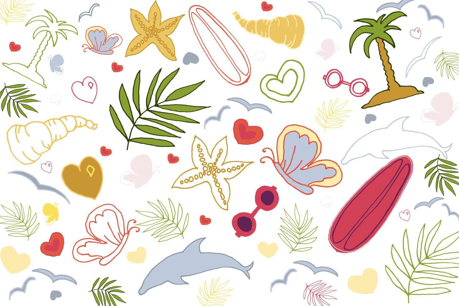 Sommerhintergrund mit Delfinen, Palmen, Schmetterlingen, Gläsern, Herzen, Muscheln, Seesternen, Zweigen. Vektor-Doodle-Illustration vektor