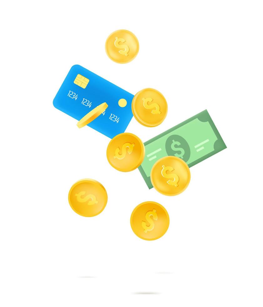 gyllene mynt, kreditkort och bankton på vit bakgrund vektor