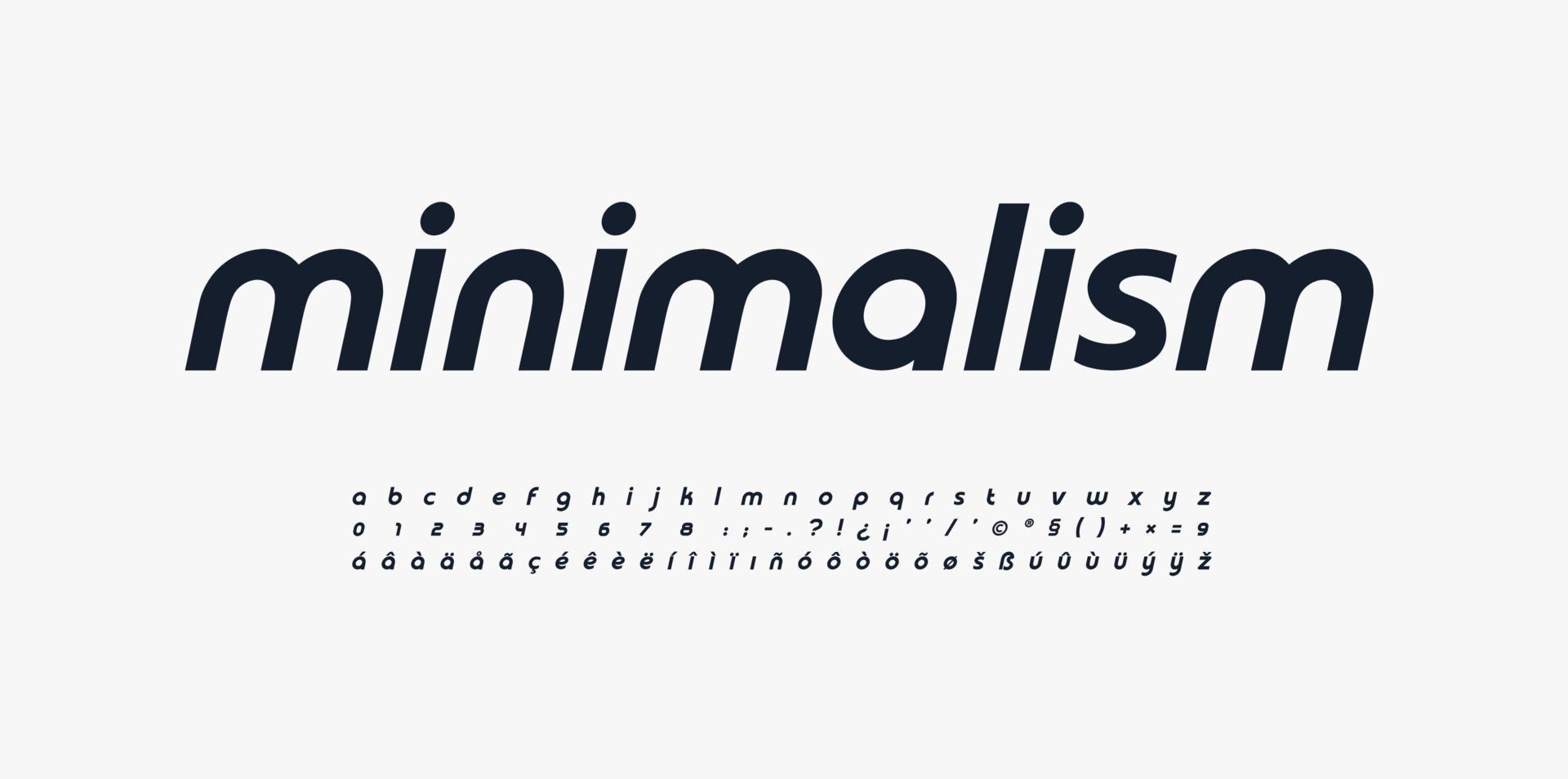 minimalism sans serif-teckensnitt, elegant typsnitt, runda alfabet i lugn stil. gemener med flerspråkig täckning, siffror, skiljetecken. vektor typografi design