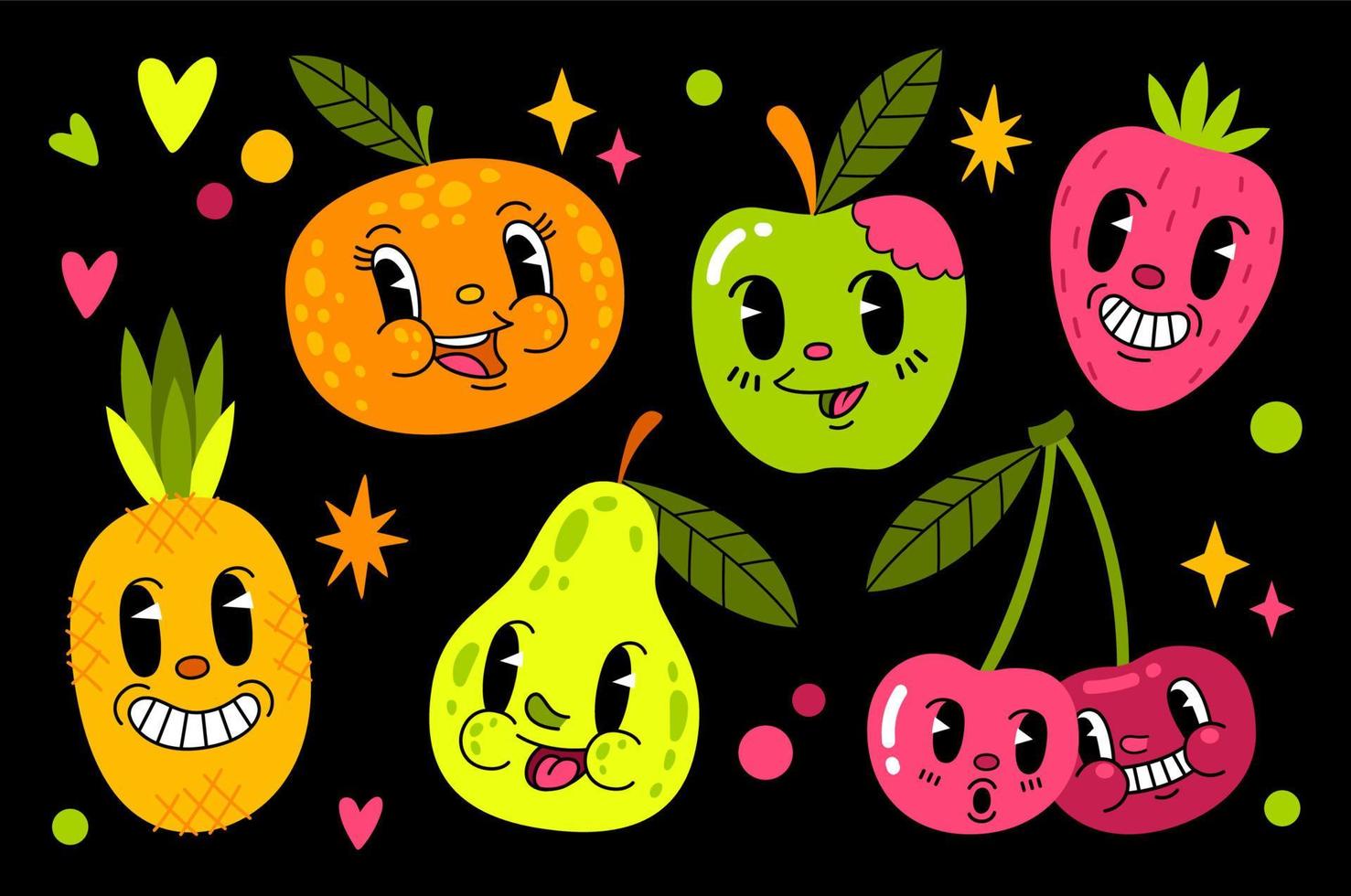 Satz von 30. Cartoon-Stil glückliche Früchte und Beeren vektor