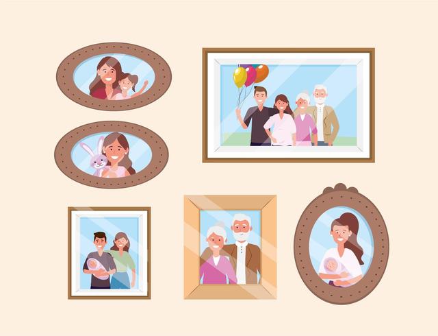 Set glückliche Familienbilder Erinnerungen Dekoration vektor