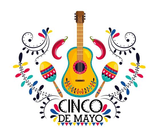 mexikansk gitarr med maracas och chilipeppar vektor