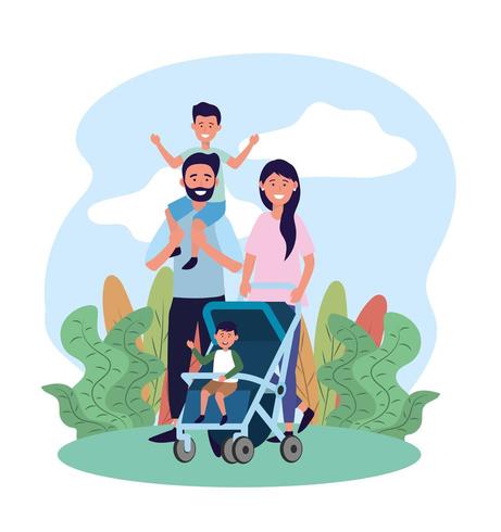 man och kvinna med sin dotter och son i barnvagnen vektor