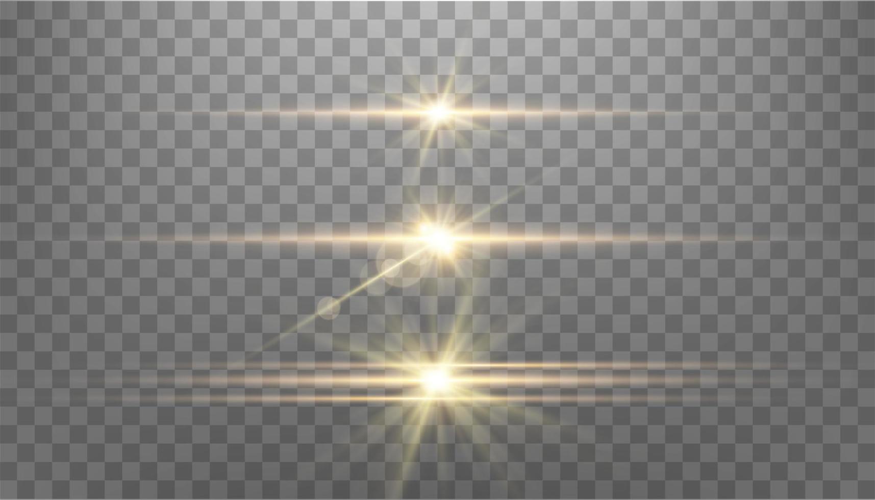 guld horisontella linslampor set. isolerad på transparent bakgrund. sol blixt med strålar eller guld spotlight och bokeh. gul glöd flare ljuseffekt. vektor illustration.