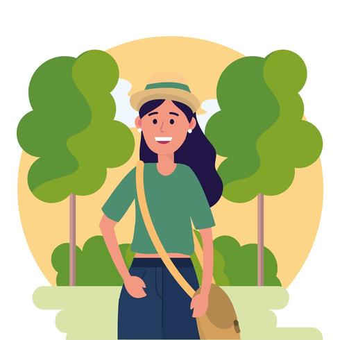 universitetskvinna som bär hatt och träd med buskar vektor