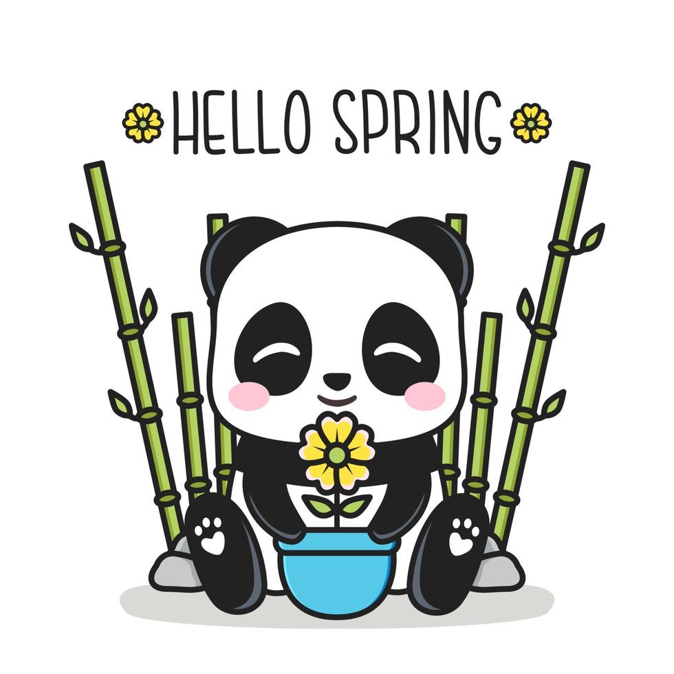 hallo frühling mit süßem panda und blumentopf vektor