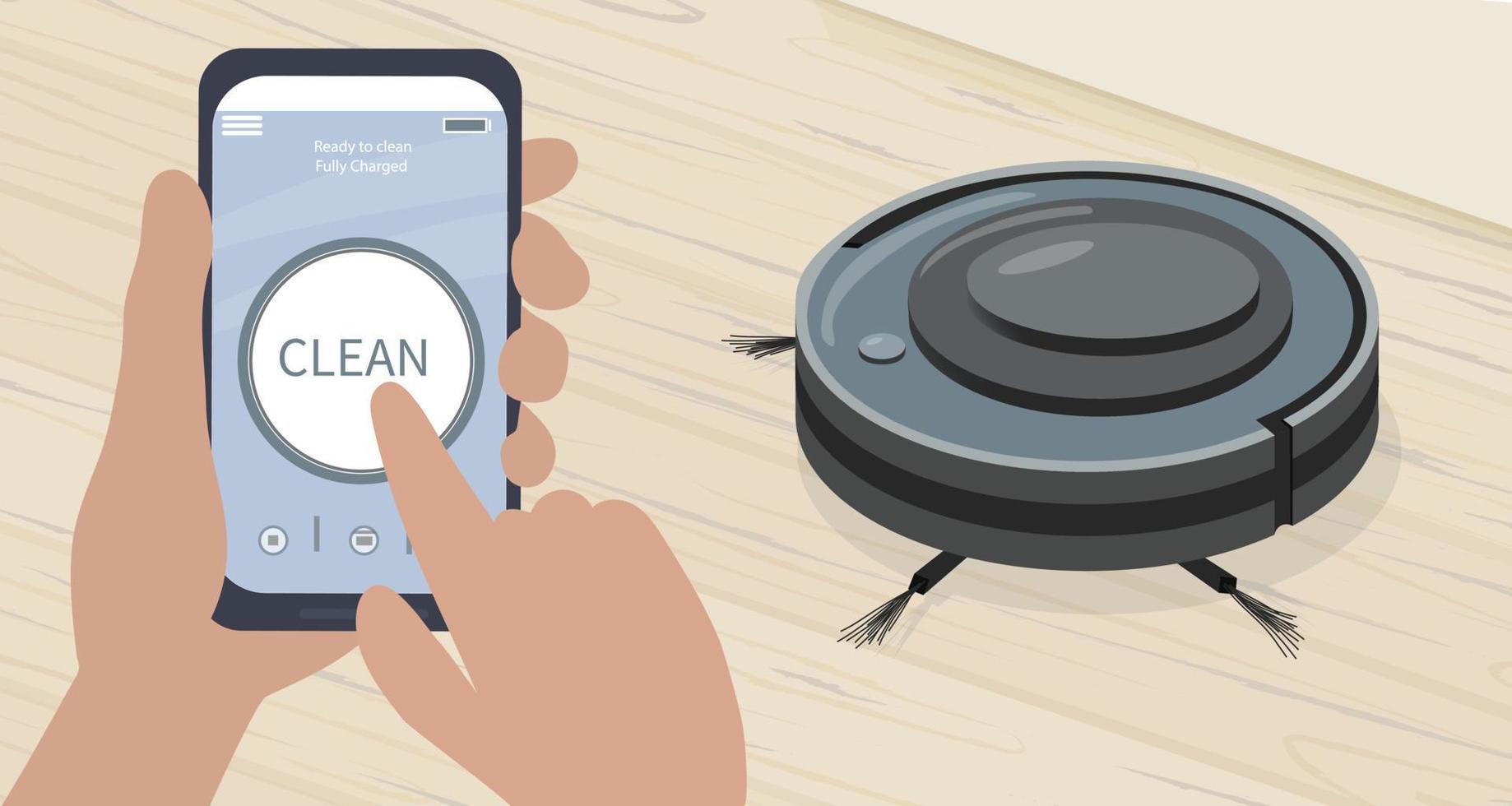 eine Smartphone-App zur Steuerung des Saugroboters. Moderne Smart-Home-Geräte für die Reinigung von Wohnungen. intelligente Geräte. wäscht und reinigt den Holzboden von Ablagerungen und Schmutz vektor