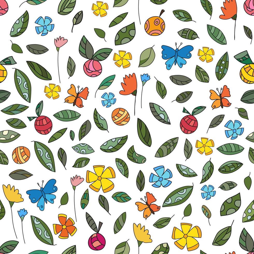 sommar botaniska sömlösa mönster. blommor, blad stiliserade äpplen och fjärilar. tema ekologi, miljö, naturvård vektor