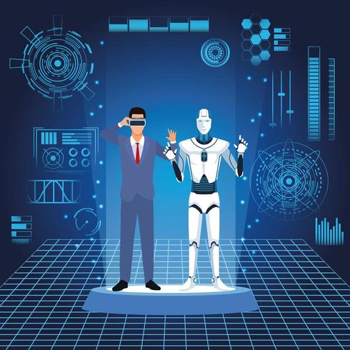 humanoidrobot och affärsman med futuristiska inslag vektor
