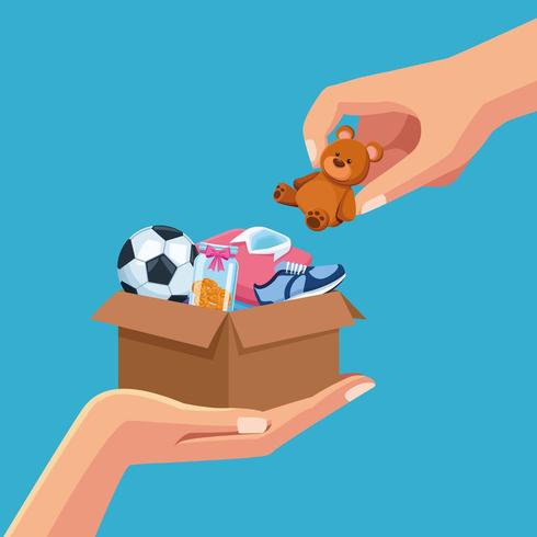 Händer som sätter leksaker i låda för donation vektor