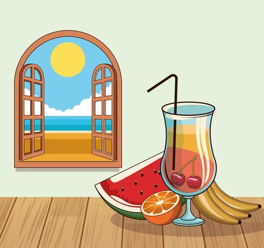 tropisk cocktaildrink med frukt vid fönsteraffisch vektor