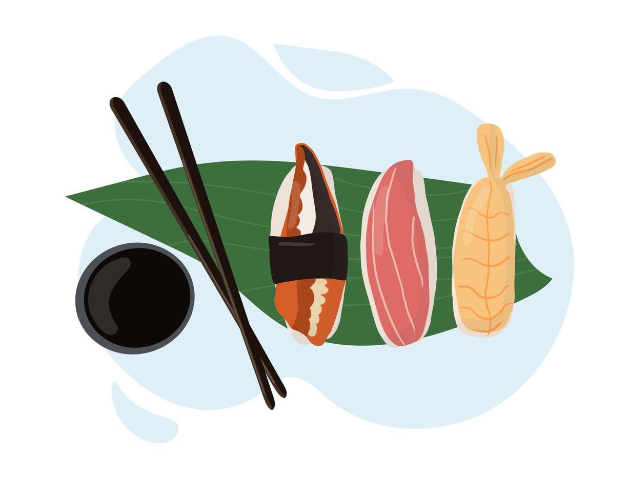 uppsättning traditionella japanska rätter av rullar och sushi med skaldjur. serveras på ett palmblad vektor