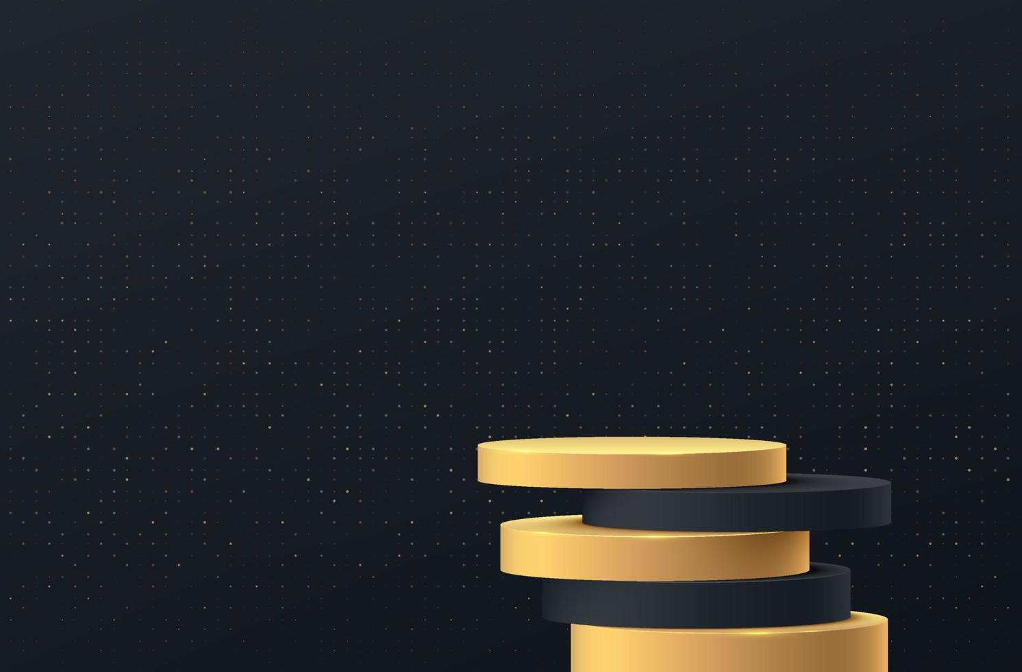 svart och glödande guld cylinder piedestal podium överlappar med skugga. svart minimal väggscen med gyllene glitterstruktur. vektor rendering 3d-form för produktvisning presentation. abstrakt rum.