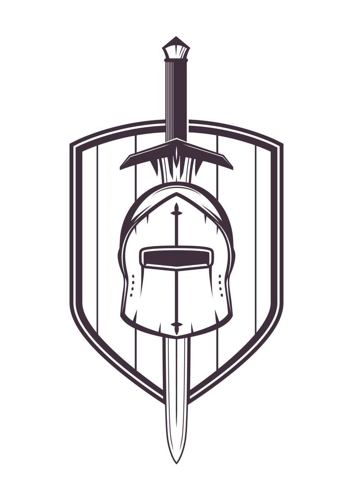 mittelalterlicher helm, schwert und schild isoliert auf weiß, vektorillustration vektor