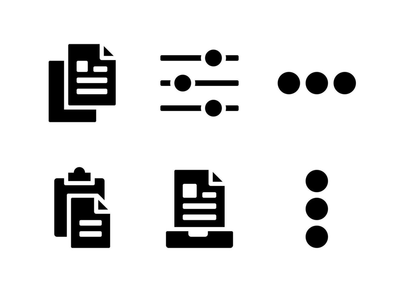 einfacher Satz von Benutzeroberflächen-bezogenen Vektor-Solid-Icons. Enthält Symbole wie Papier, Soundcontroller, Menü und mehr. vektor