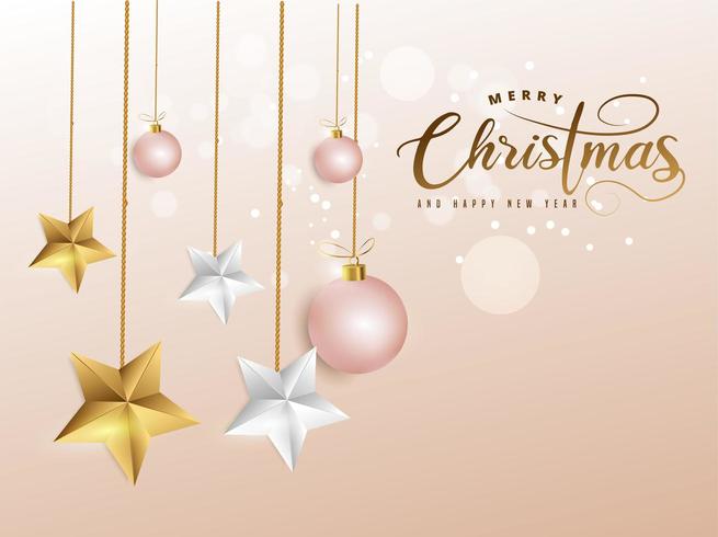 Julbild på mjuk rosa dekorerad med struntsaker och gyllene, vita stjärnor. vektor