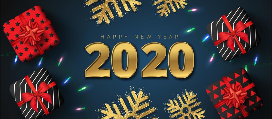 Beschriftung des neuen Jahres 2020, Geschenkboxen, Schneeflocken und funkelnde helle Girlanden vektor