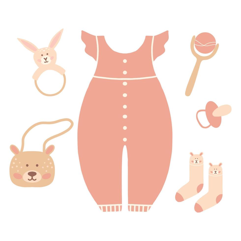 boho outfit. söt liten flicka garderob. vektor illustration. tillbehör för nyfödda. baby boho kläder, abstrakt boho kläder, söta minimalt slitage för barn, kläder clipart.