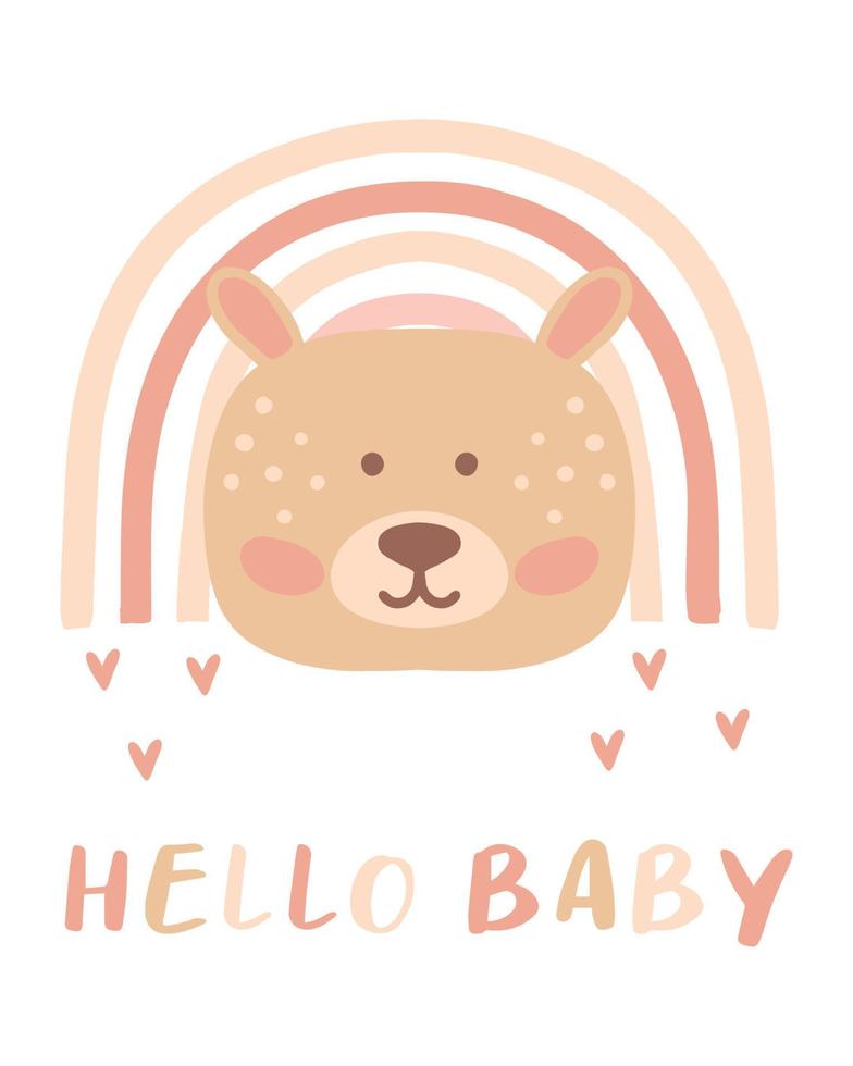 barnslig handritad illustration med söt björn och regnbåge. i barns boho-stil. vykort för födseln av ett barn. Hej älskling. vektor