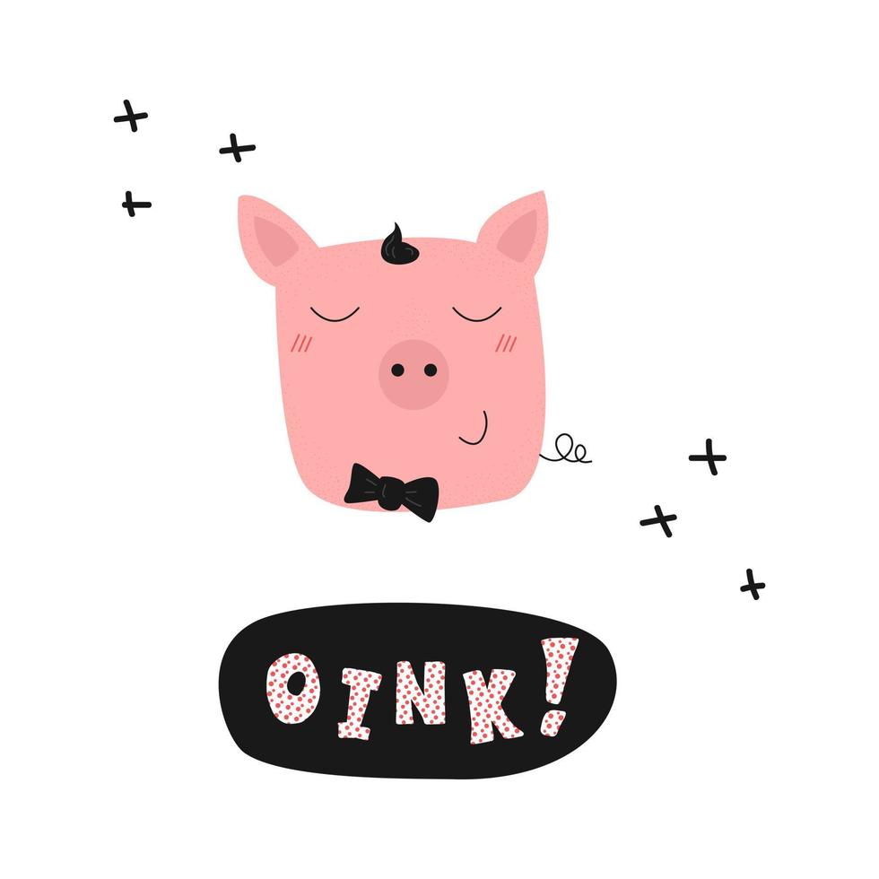 rolig nosparti av en gris och inskriptionen oink. platt vektorillustration i doodle stil. vektor