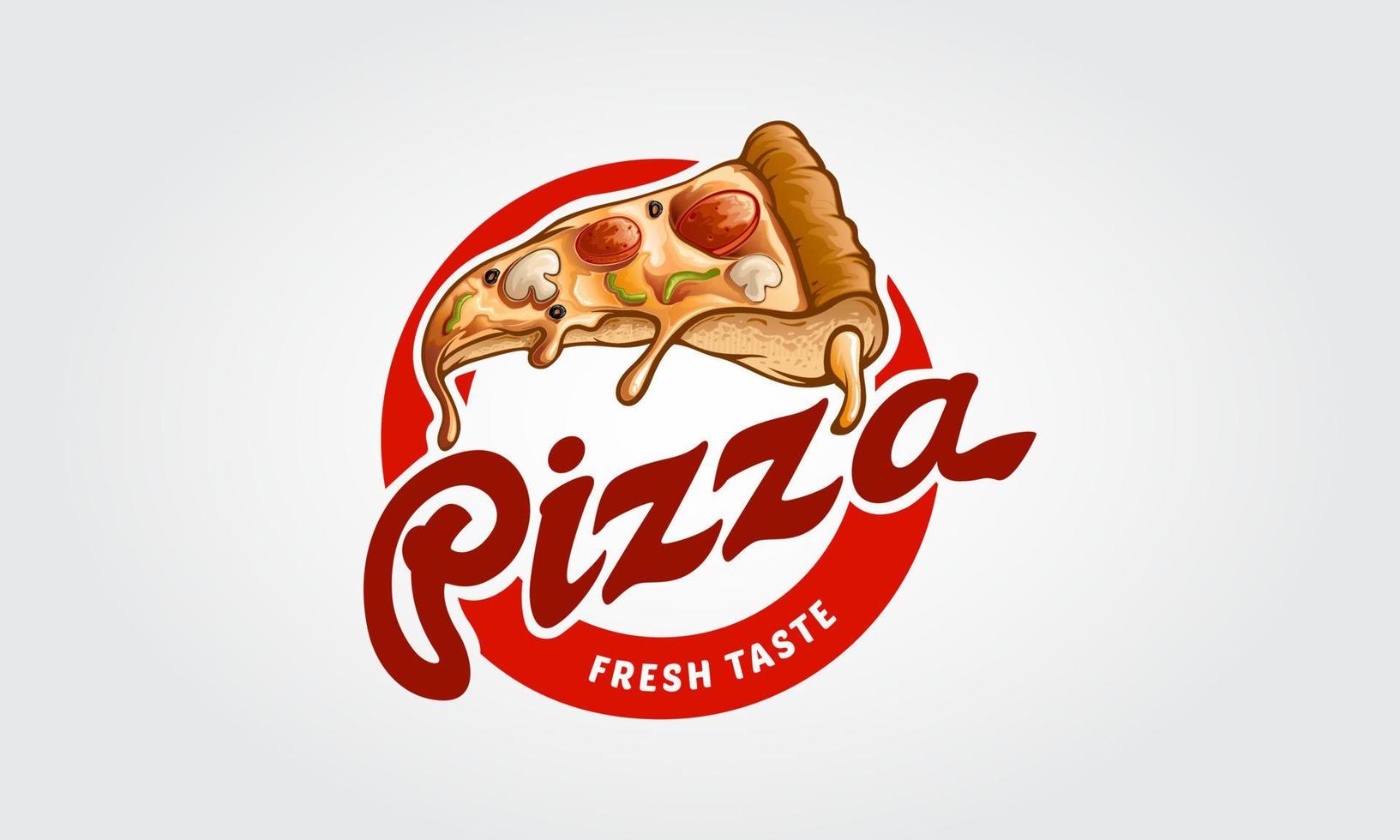 Pizza-Vektor-Logo-Cartoon. Dieses Logo eignet sich hervorragend für alle Pizza-Restaurants, Fast Food-, Liefer-, Bistro-, Catering- und italienischen Lebensmittelunternehmen. vektor