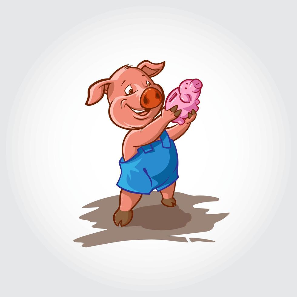 Schwein-Vektor-Cartoon-Figur. das vektorillustrationsschwein hält sich am sparschwein fest. vektor