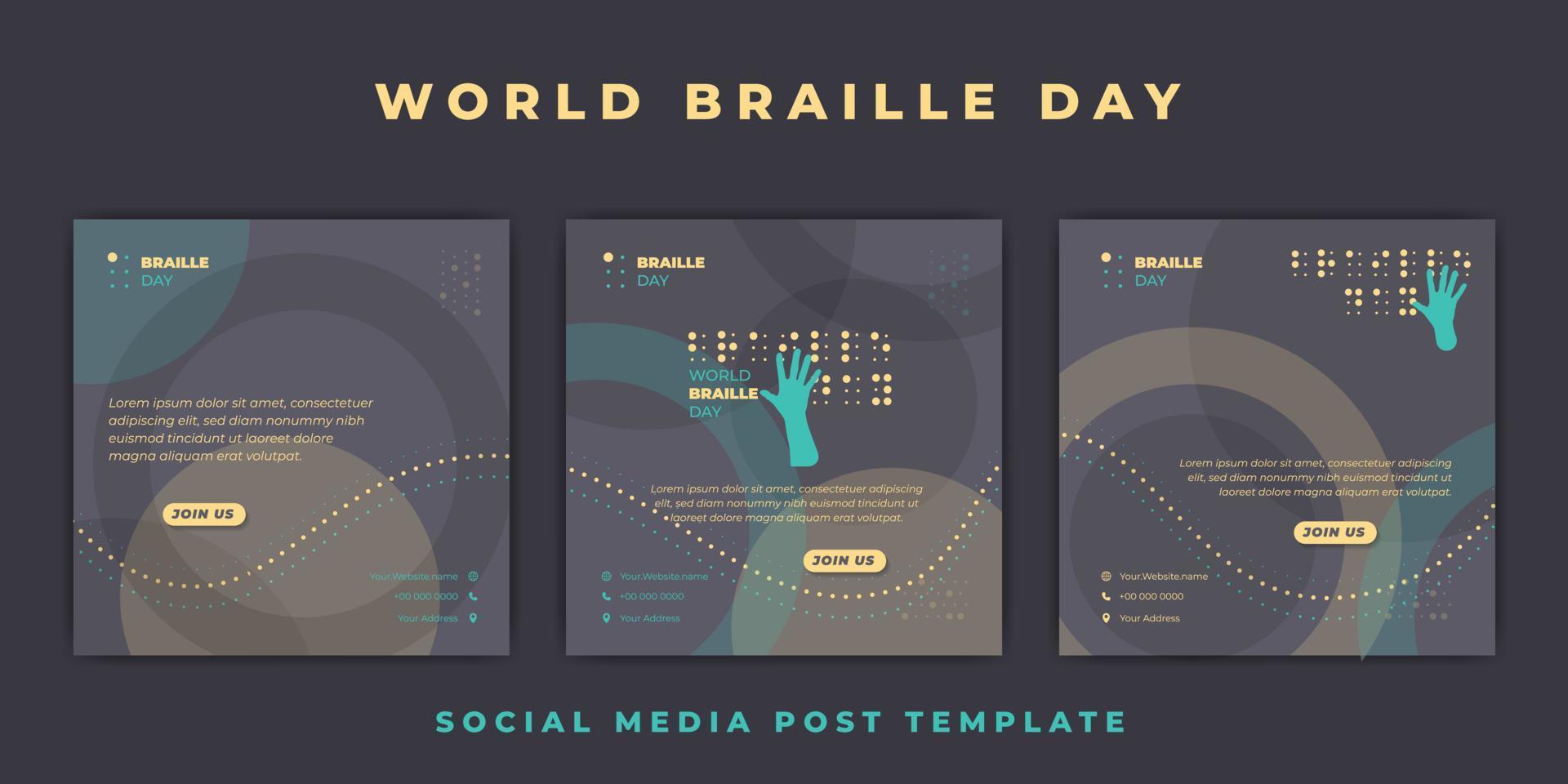 World Braille Day mall med handfingrar punktskriftdesign. gula sociala medier post mall design. vektor