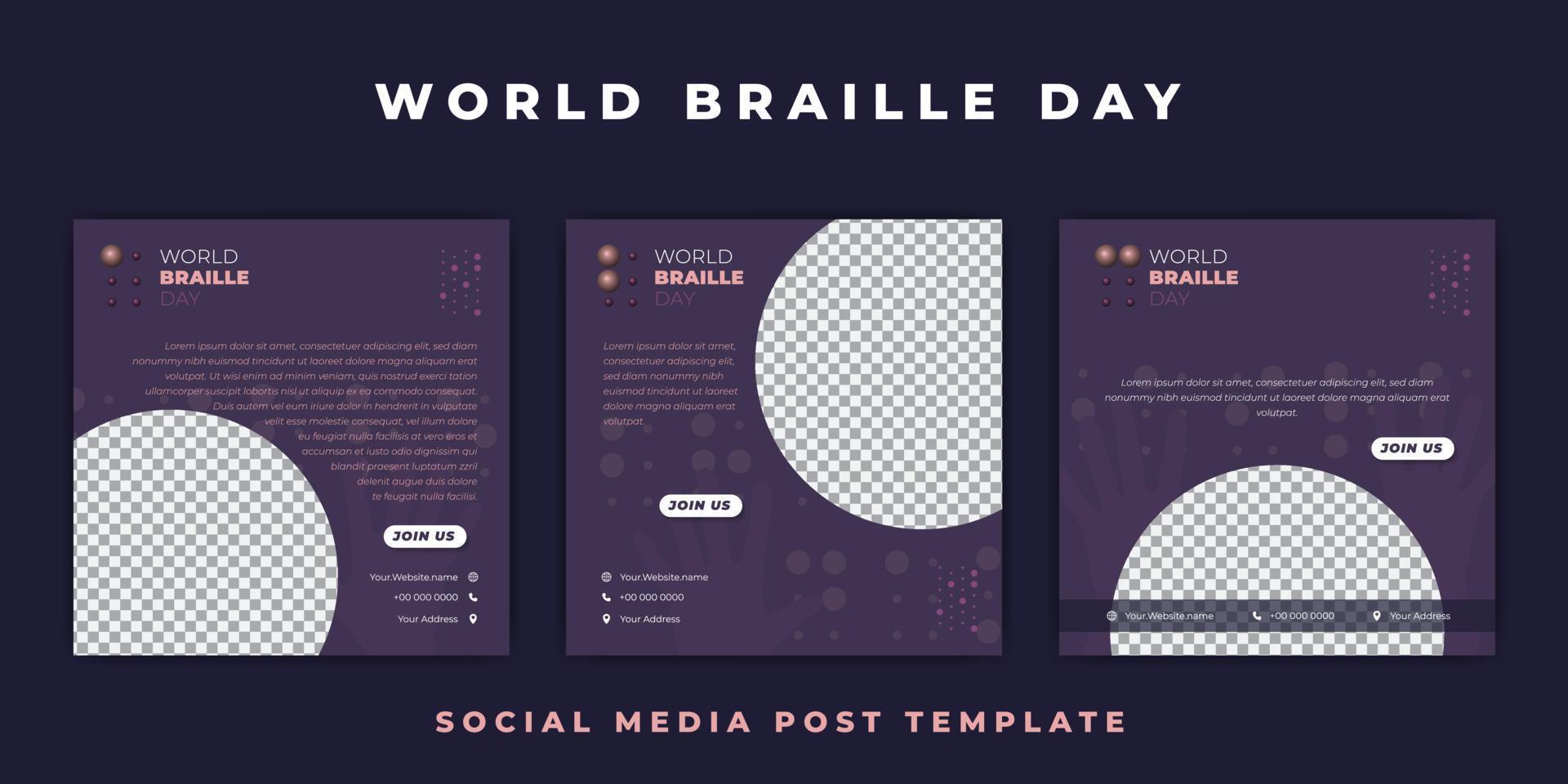 World Braille Day mall med lila prickar bakgrundsdesign. malldesign för inlägg på sociala medier. vektor