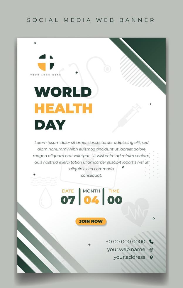Weltgesundheitstag-Vorlage für Social-Media-Banner mit Grün und Weiß im Hochformat. Banner-Vorlage mit Hintergrunddesign für die medizinische Untersuchung. vektor