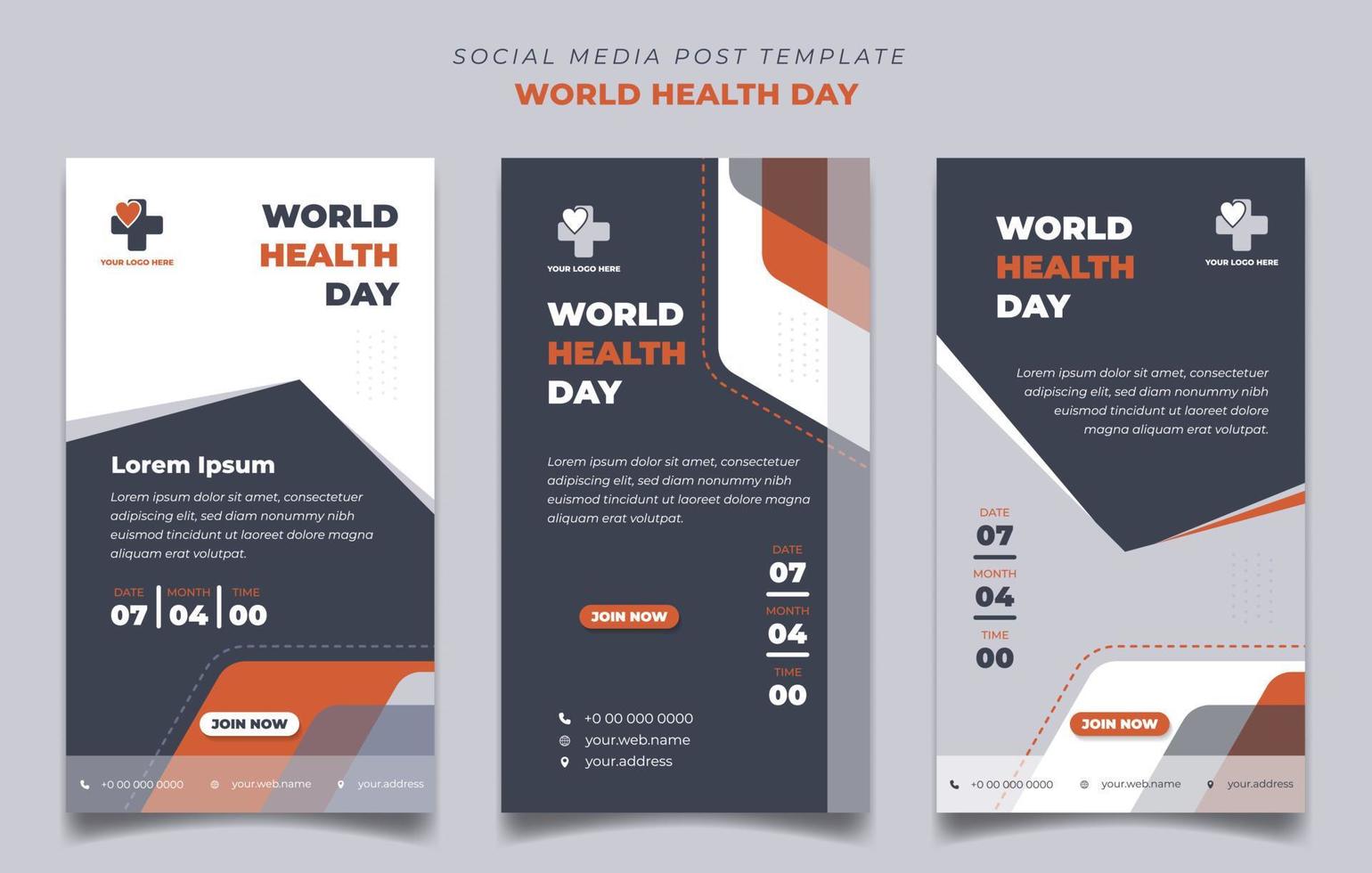 Weltgesundheitstag mit weißem, orangefarbenem und dunkelgrauem Hintergrund mit einfachem Formdesign. Satz von Social-Media-Beitragsvorlagen im Hochformat. vektor