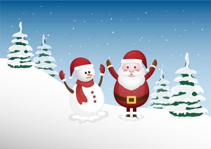 Happy Santa Claus und ein niedlicher Schneemann im Winterwald vektor