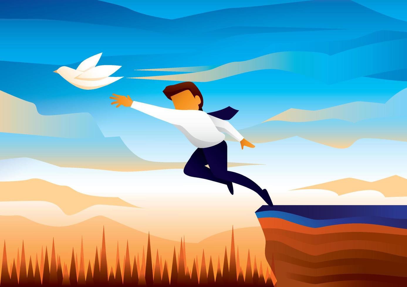 illustration vektor fil. arbetaren förföljer frihetens fågel och han är på väg att falla från klippan. denna bild innebär att man riskerar att sluta jobba.