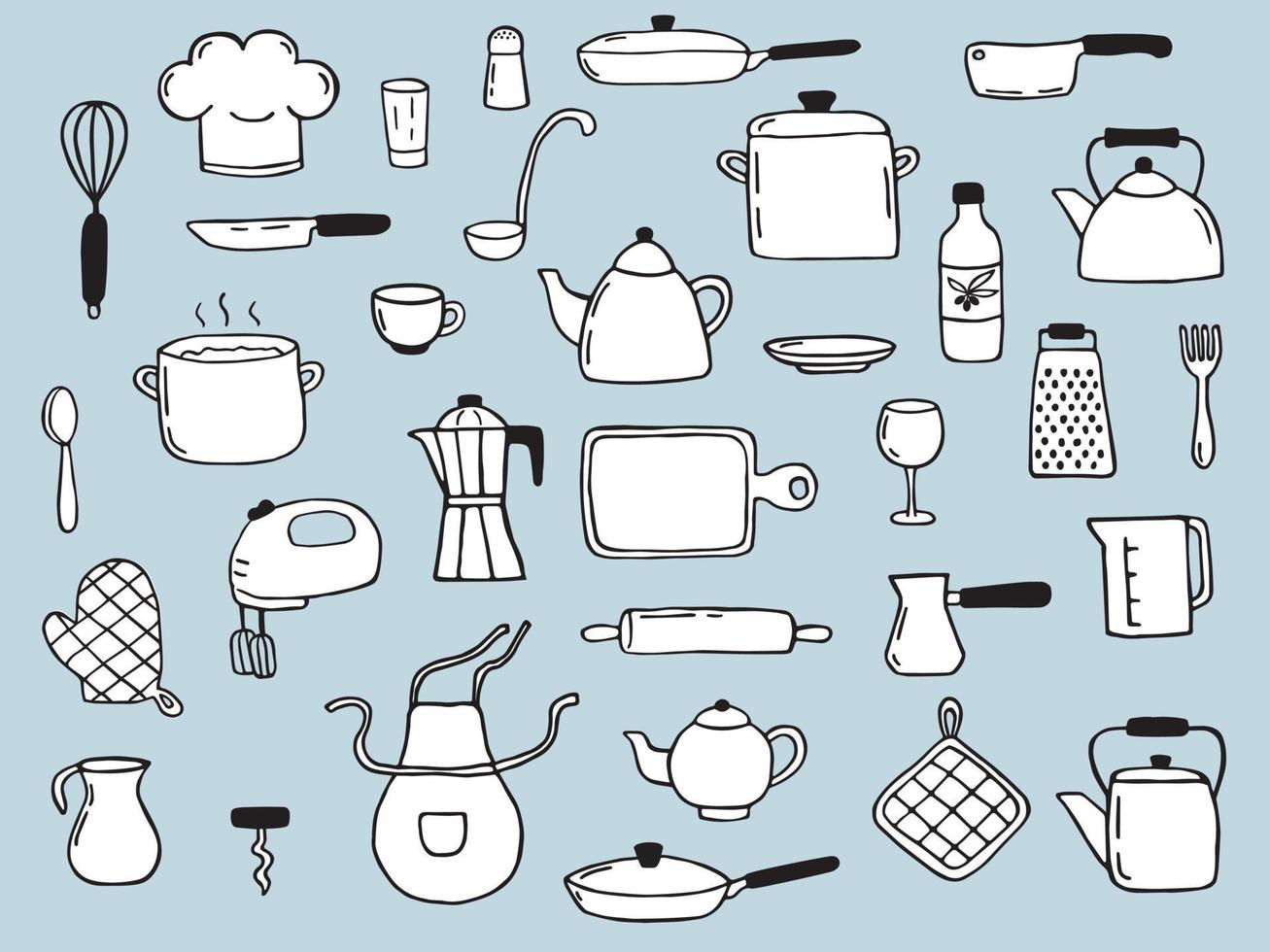 handritad uppsättning matlagningselement. doodle skiss stil. illustration för ikon, meny, receptdesign. vektor