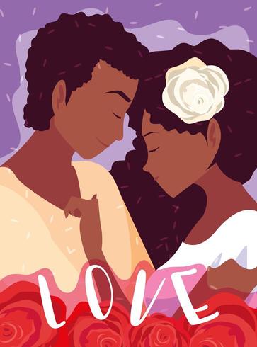 ungt par afro i kärlek affisch med rosor dekoration vektor