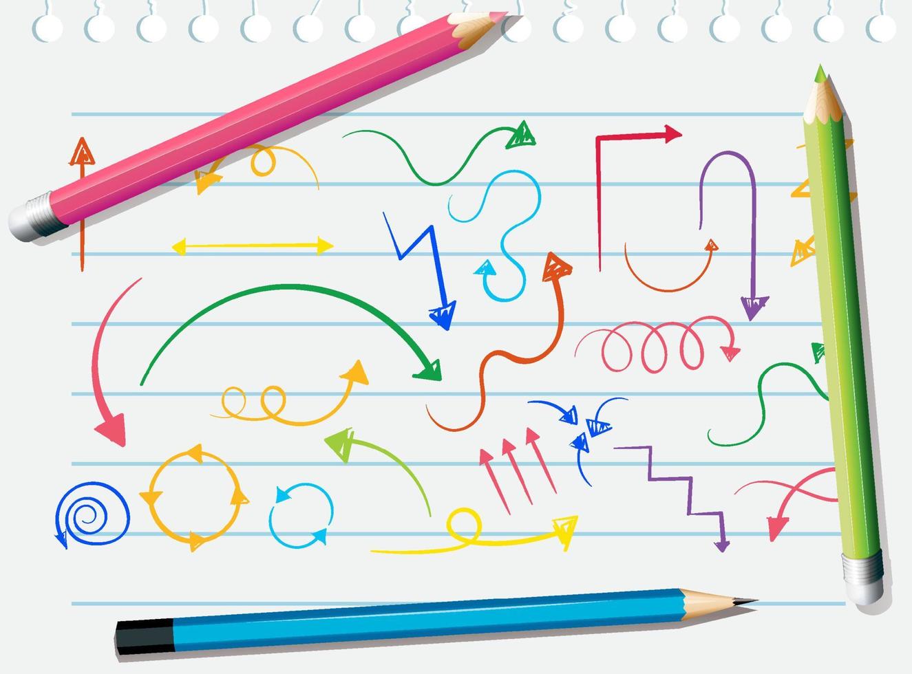 handritad pil doodles på papper med färgpennor vektor