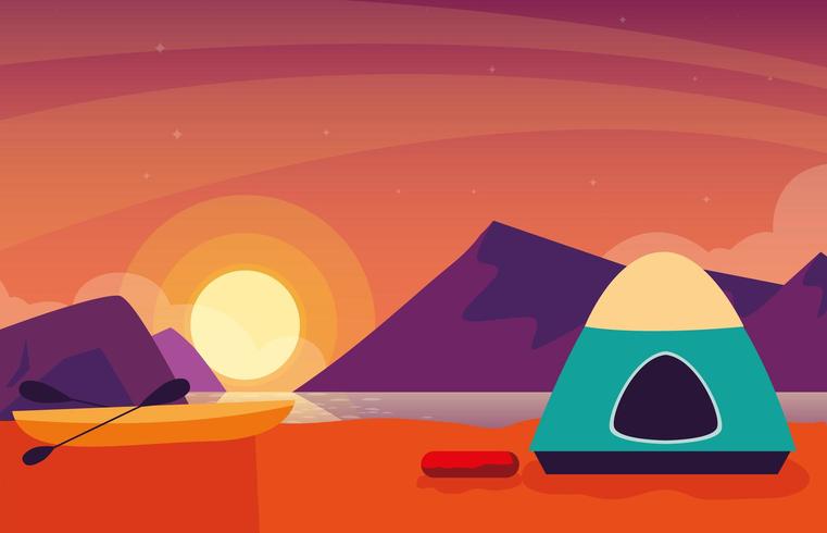 camping zon med tält solnedgång scen vektor