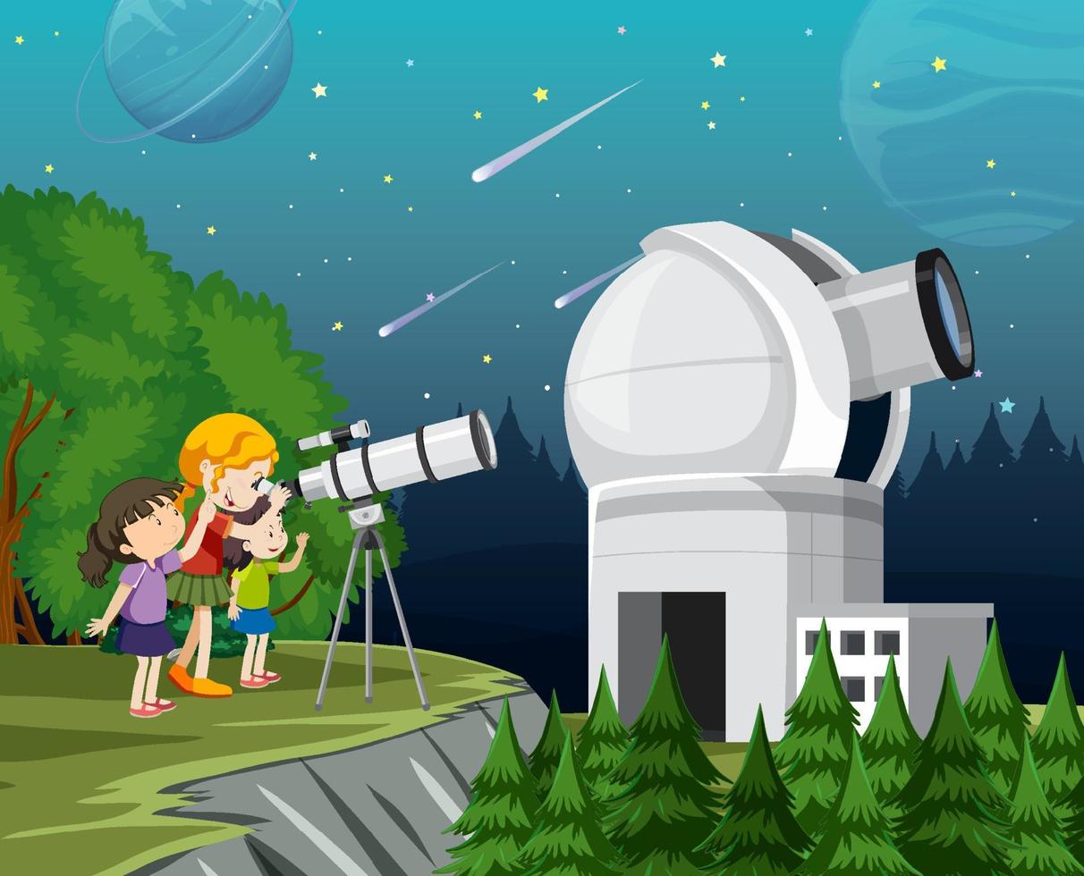 ett barn som tittar på planeten med teleskop vektor