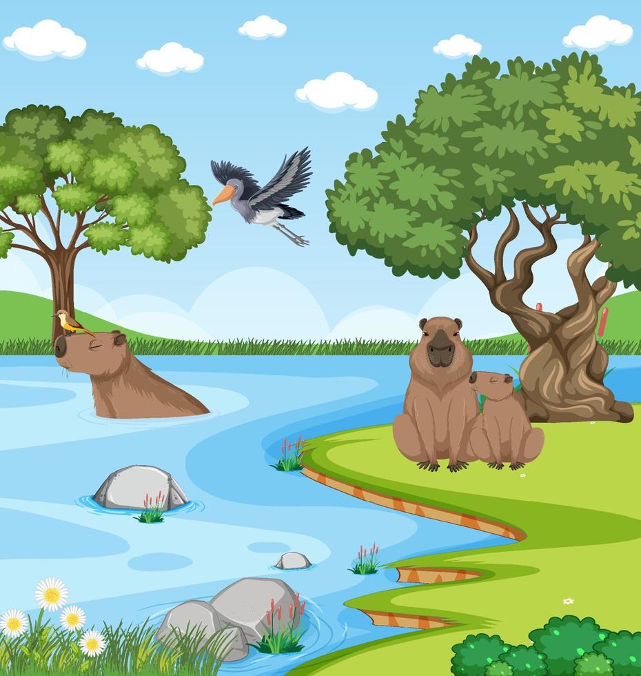 våtmarksskogsscen med kapybara vektor