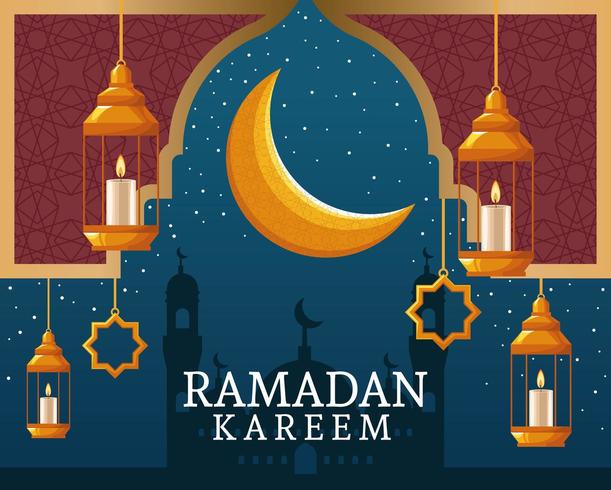 ramadan kareem med avtagande måne och islamisk konst vektor