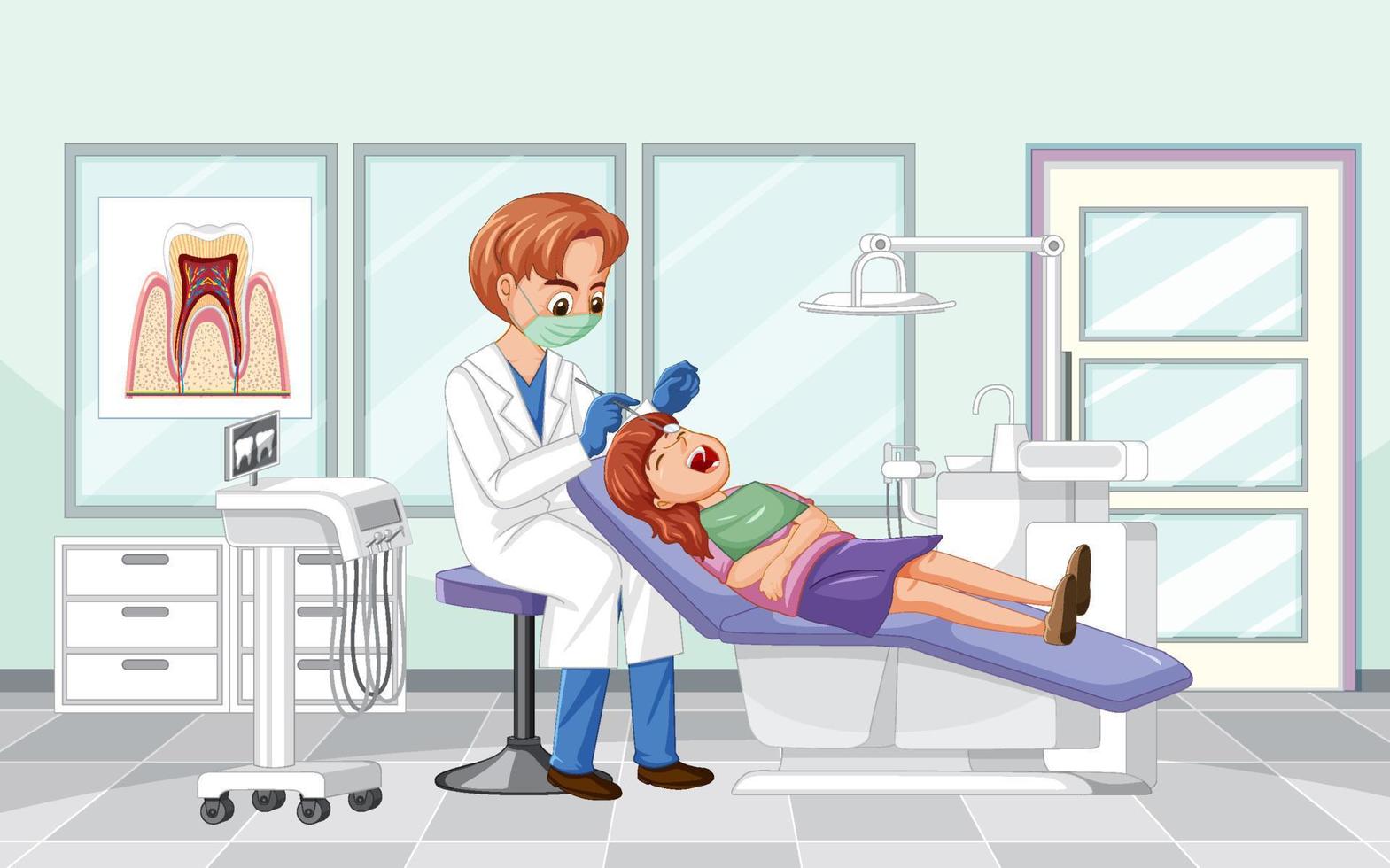 tandläkare man undersöker patientens tänder på kliniken vektor