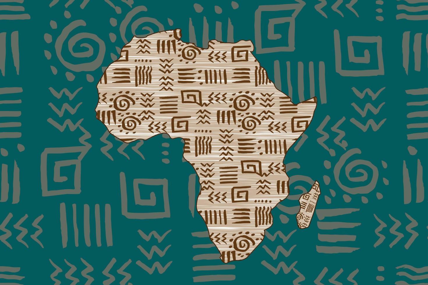 afrika gemusterte karte und ethnische motive. banner mit traditionellem afrikanischem stammesmuster, elementen, konzeptdesign. Vektor ethnischer afrikanischer Kontinent isoliert auf grünem Hintergrund